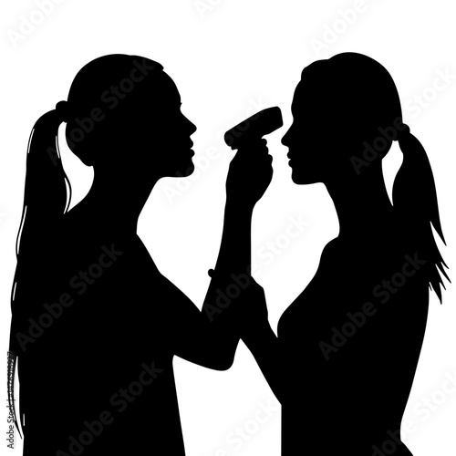Silhouette of woman receiving skin screening with handheld scanner, black and white, skin health and UV safety concept