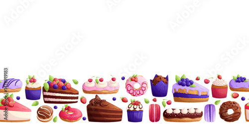 Horizontal seamless banner with delicious pastries on a white background. The concept of a pastry shop, bakery, and cooking. Vector illustrations for posters, banners, flyers and covers