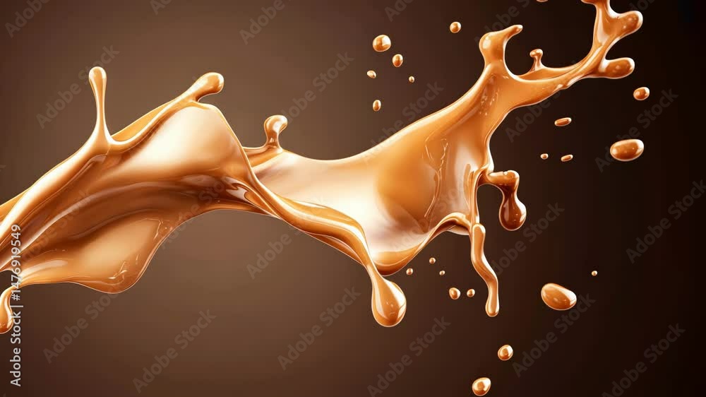 Dynamic splash of liquid caramel on brown background capturing motion and texture.