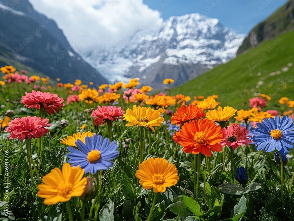 Obraz premium Field of colorful flowers blooms before snow capped mountain peaks. Perfect for travel brochures, nature blogs, and scenic backgrounds.