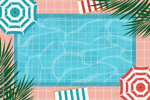 Swimming pool with palm trees, umbrellas and sunbeds, top view, vector illustration. Summer hotel banner of swimming pool with water texture, palm leaves, umbrellas and sunbeds. Outdoor pool.