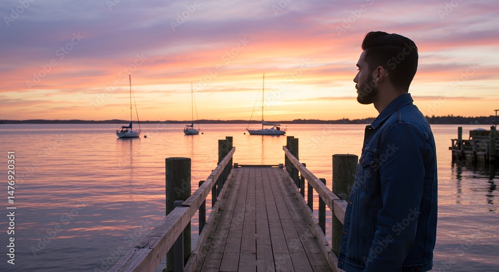 Fototapeta premium Man on Dock at Sunset
