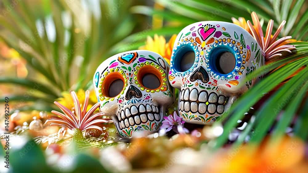 Vibrant sugar skulls amidst tropical foliage celebrating dia de los muertos.
