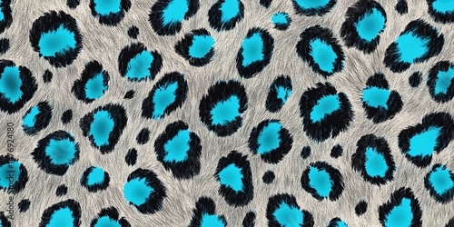 A digital leopard-print pattern with turquoise and black spots on a light-gray background.