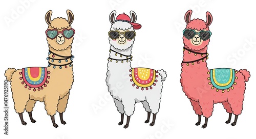 Three Cute Llamas Wearing Sunglasses and Decorated Blankets