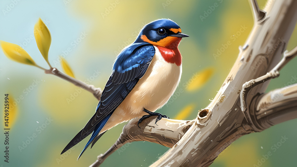 Fototapeta premium A close-up, realistic illustration of a Barn Swallow (Hirundo rustica) perched gracefully on a beautiful natural branch,