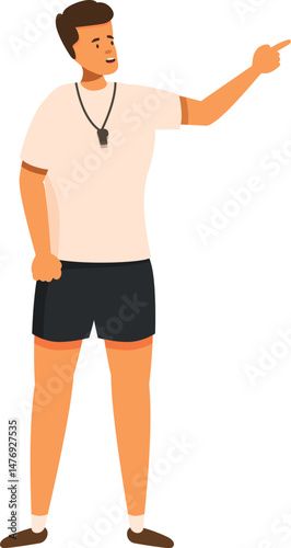 Sports referee pointing while holding a whistle around his neck