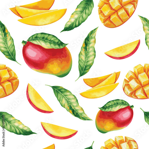 Seamless Vector watercolor with mango illustrations