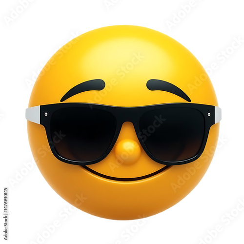 A cheerful yellow emoji wears dark sunglasses with a subtle smile on transparent background