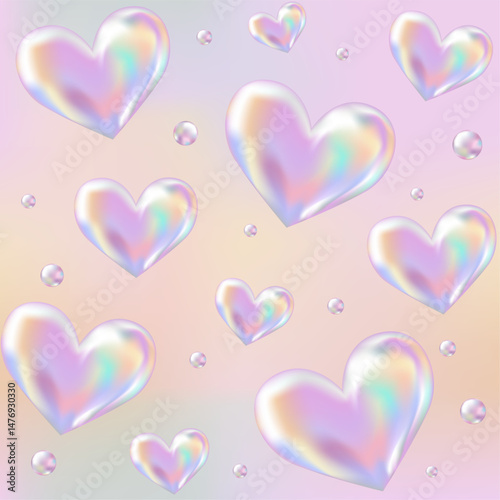 3d holographic retro 90 seamless pattern. Chrome Hearts in Y2K style on Pink, Orange gradient  background. Future galaxy aesthetic, 3D chrome bubble art. Metal glossy abstract art.