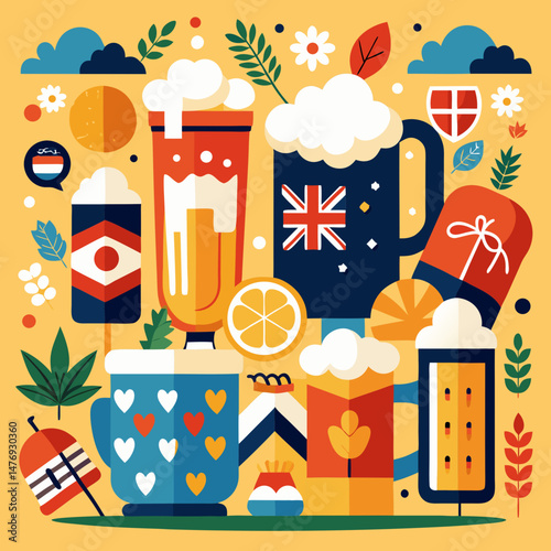 Beer Day Britain Vector Set – Pint Glasses, British Flags, Pub Scenes, Toasts, Hops, Food Pairings, Festive Illustrations for Events & Promotions