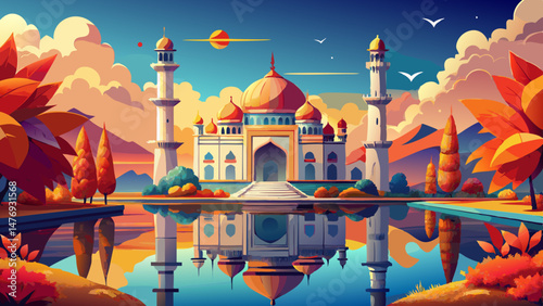 Majestic mosque reflecting in autumnal lake.. Very beautiful,
