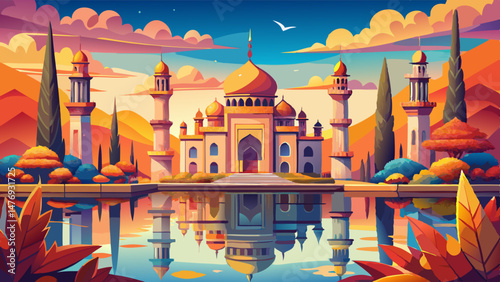 Majestic mosque reflecting in autumnal lake.. Very beautiful,