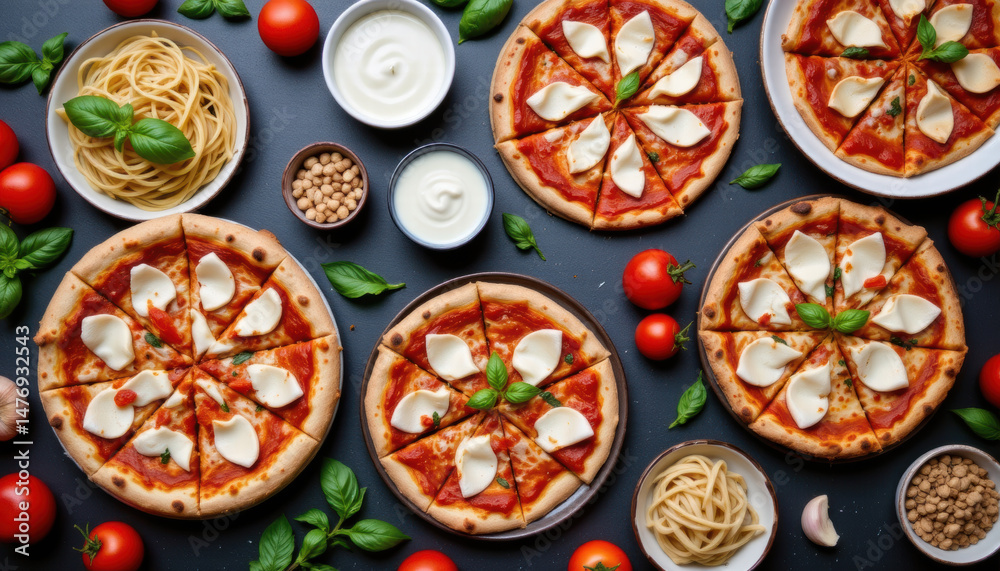 Delicious pizza with fresh mozzarella, basil, and vibrant tomatoes is beautifully arranged on dark surface, surrounded by pasta, sauces, and ingredients, creating mouthwatering feast Delicious pizza with fresh mozzarella, basil, and vibrant tomatoes is beautifully arranged on dark surface, surrounded by pasta, sauces, and ingredients, creating mouthwatering feast