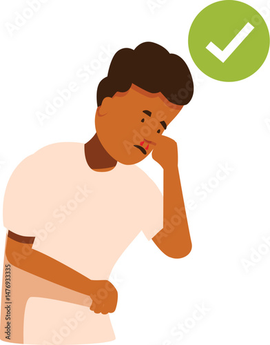 Patient is recovering from a nosebleed, a check mark indicating successful treatment