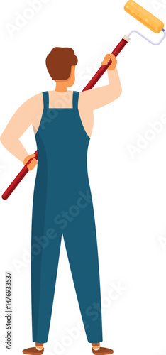 Professional house painter holding paint roller getting ready to paint a wall, seen from behind, home renovation and decoration service concept