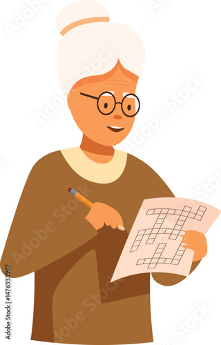 Elderly woman enjoying solving crossword puzzle, active senior citizen engaging in mental exercise