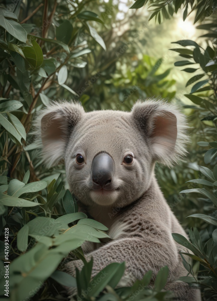 Fototapeta premium Adorable koala joey nestled amongst eucalyptus leaves, repeating seamlessly , gift, adorable koala, baby koala