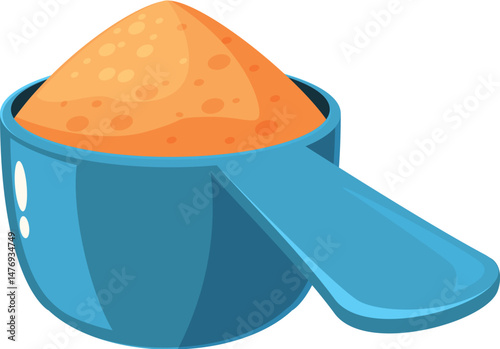 Blue plastic measuring spoon or scoop holding a serving of orange flavored sports nutrition supplement powder