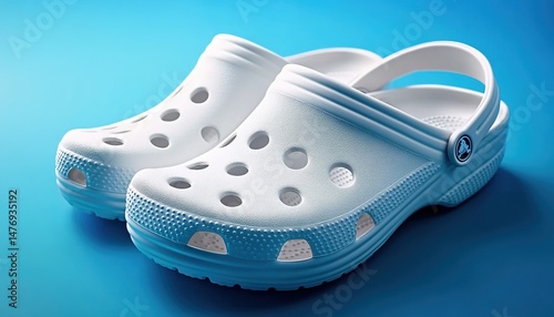 Pair of white Crocs with holes on blue background.
