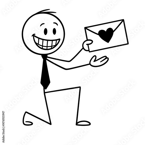 Stick figure man kneeling with love letter