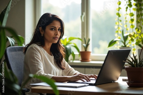 Thoughtful South Asian Mid-Age Woman Using Laptop in Calm Office Environment with Cascading Plants photo