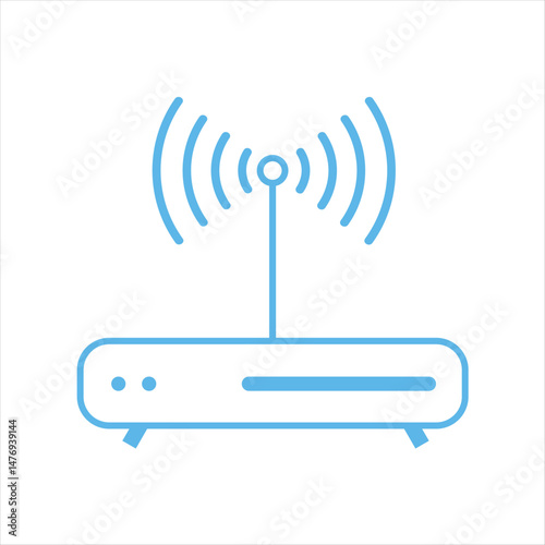 Blue wireless modem icon with radiating signal. Symbol of internet access