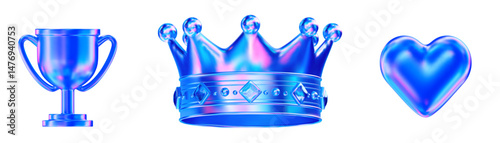3d neon, holographic crown, trophy, heart. Stock vector illustration on isolated background.
