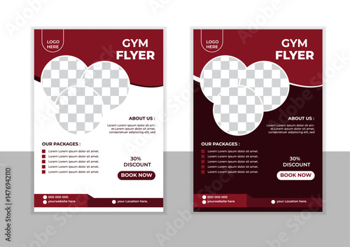 Gym/ fitness flyer template, social media post, web banner with clean and modern layout.Gym flyer design template. Flyer, social media post and facebook cover design template for gym and fitness.
