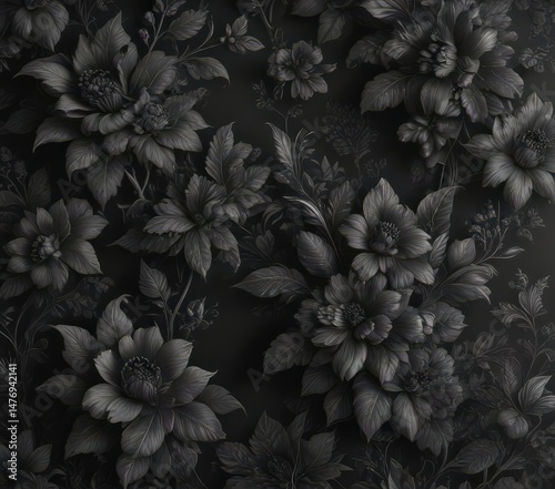 Intricate charcoal floral wallpaper, lush velvet texture , charcoal, decor