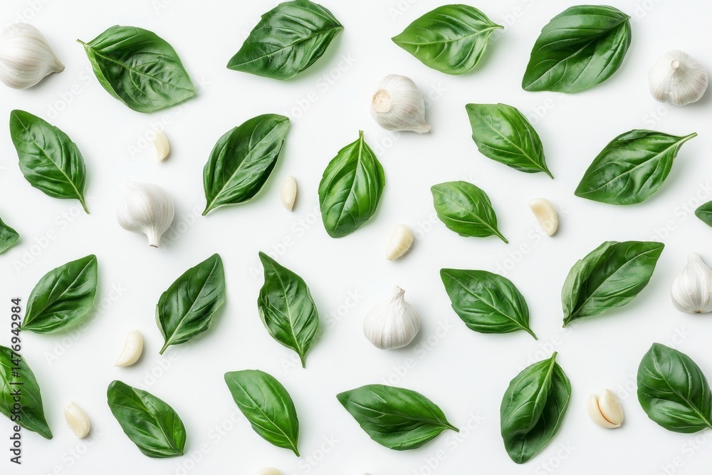 Green Basil Leaves and Garlic Cloves Pattern on White Background Green Basil Leaves and Garlic Cloves Pattern on White Background