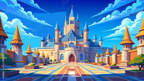 Expansive castle courtyard with towering spires under a clear blue sky, Expansive castle courtyard with towering spires, Seamless ing Photo background Very beautiful,