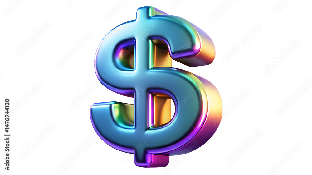 Obraz premium Isolated iridescent dollar sign with blue and purple hues on a white plain background image