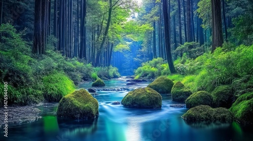 Lush Green Forest Scene with Tranquil Blue Stream Flowing through Mossy Rocks Reflecting Sunlight in a Picturesque Natural Wilderness Landscape