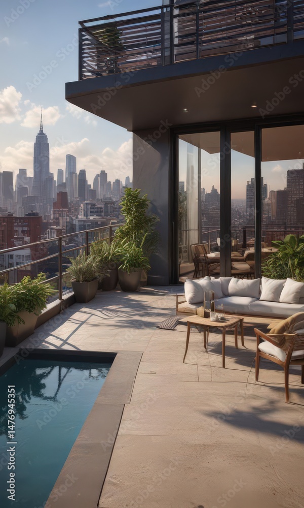 Fototapeta premium Chic city view apartment, private rooftop access, metropolis, development, property