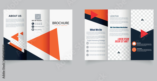Creative Trifold Brochure Template with Bold Orange and Black Design. Professional trifold brochure layout with bold orange geometric accents.