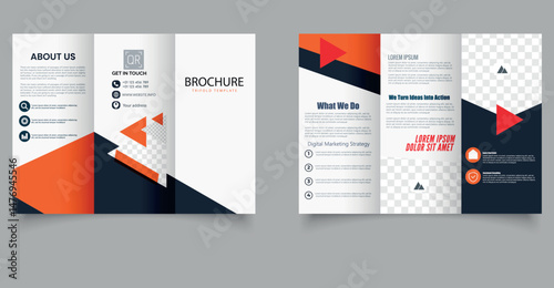 Creative Trifold Brochure Template with Bold Orange and Black Design. Professional trifold brochure layout with bold orange geometric accents.