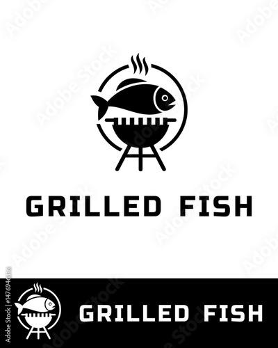 Creative logo design featuring a fish on a grill with steam rising, symbolizing delicious grilled seafood in black and white 