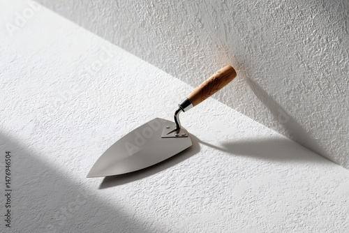 Construction trowel with a wooden handle resting against a textured white wall, casting a dark shadow.