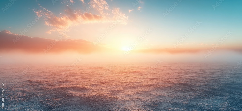 Fototapeta premium Sunrise over a misty, tranquil landscape.