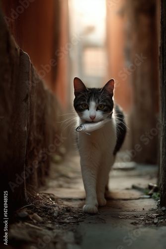 Cat on the prowl: A monochrome cat struts down a narrow path with a fish in its mouth. photo