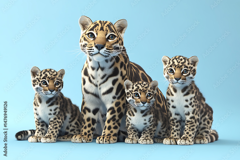 Fototapeta premium A family of leopards sitting together against a light blue background, showcasing their playful nature