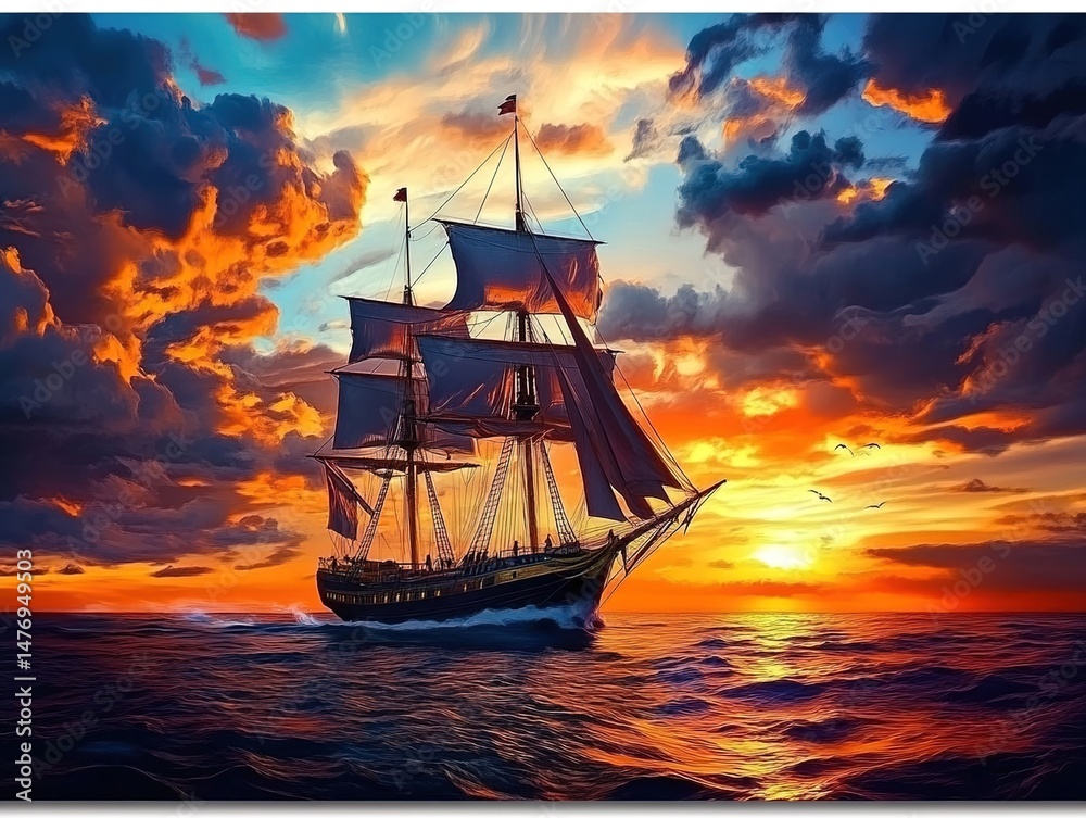 Fototapeta premium Large sailing ship on the sea during a colorful sunset with vibrant clouds and low sun.