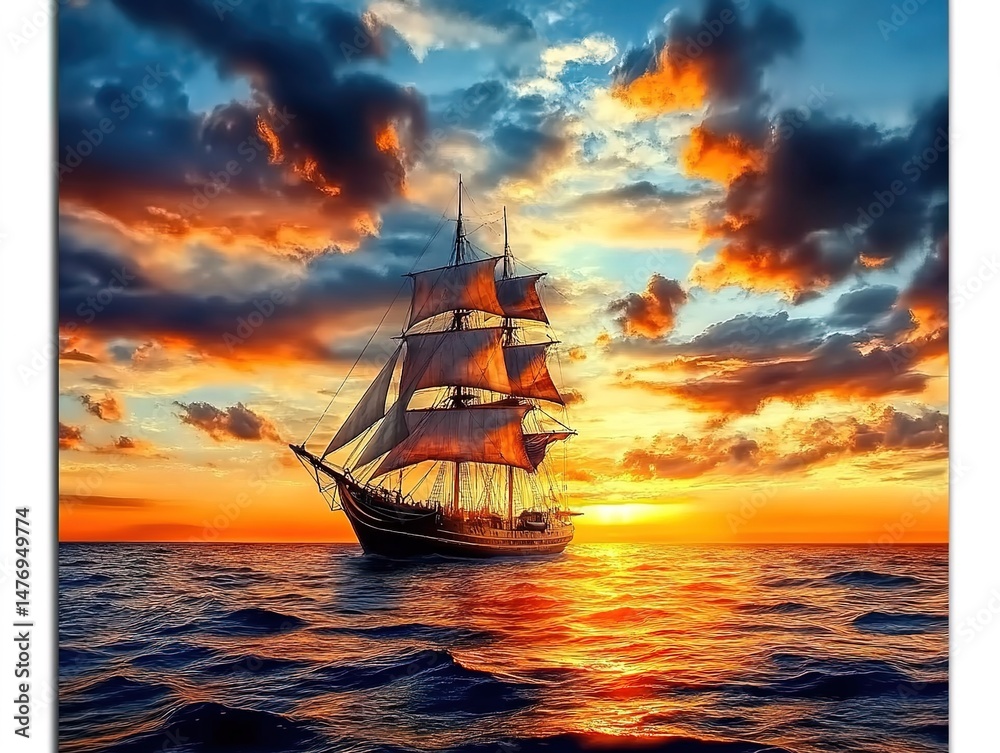 Fototapeta premium Large sailing ship on the sea during a colorful sunset with vibrant clouds and low sun.