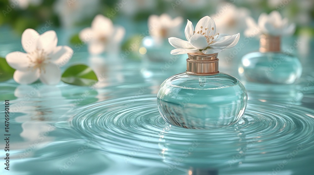 Obraz premium Turquoise perfume bottle with white blossom floating on water surface. Use for aromatherapy, spa, wellness, or beauty product related content.