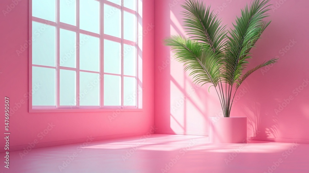 Fototapeta premium Pink room with window, indoor plant, and bright light. Use for interior design, product mockups, and home decor.