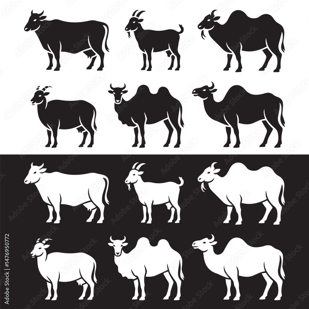 Vector Set of Qurbani Animals – Cow, Goat, Sheep, Camel, and Bull for Eid al-Adha Vector Set of Qurbani Animals – Cow, Goat, Sheep, Camel, and Bull for Eid al-Adha
