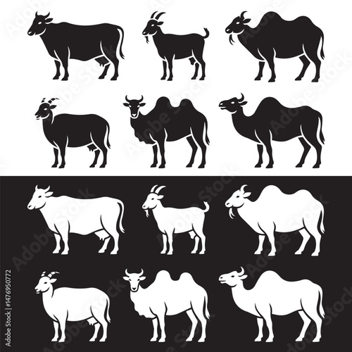 Vector Set of Qurbani Animals – Cow, Goat, Sheep, Camel, and Bull for Eid al-Adha