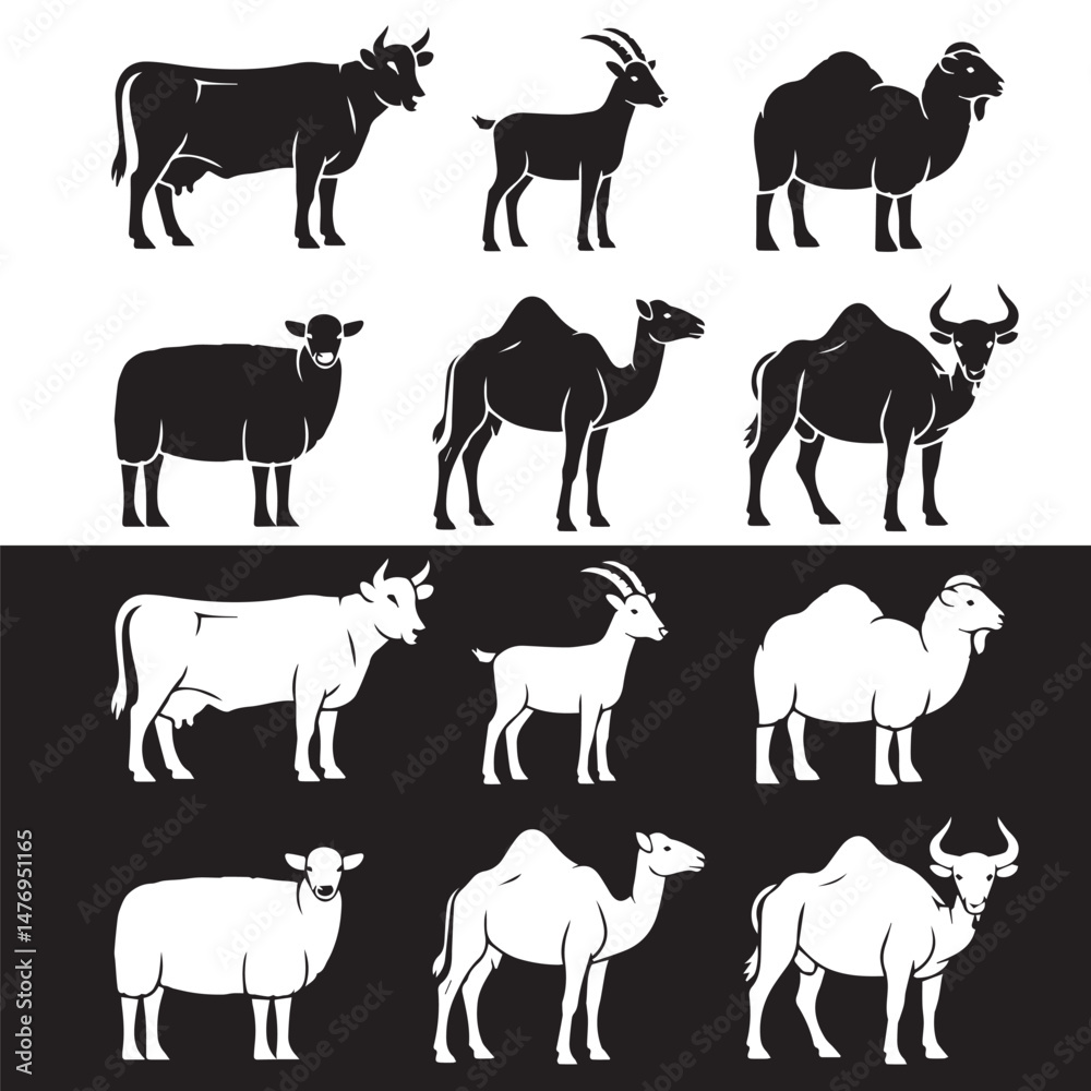 Vector Set of Qurbani Animals – Cow, Goat, Sheep, Camel, and Bull for Eid al-Adha Vector Set of Qurbani Animals – Cow, Goat, Sheep, Camel, and Bull for Eid al-Adha