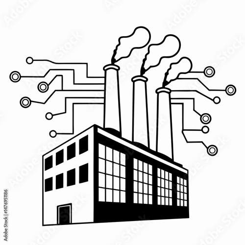 Silhouetted illustrations of industrial power plants emitting smoke with electricity pylons against white background.  Industrial Innovation  Vector Art